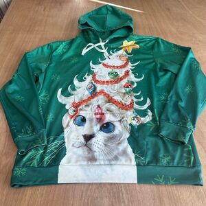 Christmas Cat Hoodie XL Green Snowflake Funny Holiday Sweatshirt